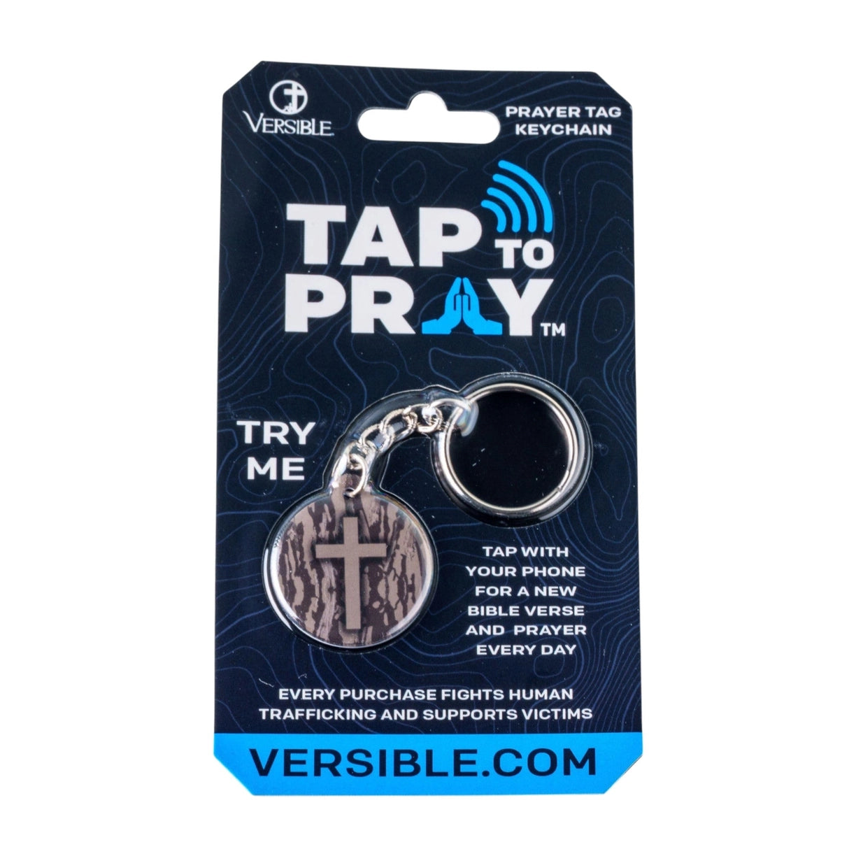 Versible - Tap To Pray™ - Acrylic Keychain Tree Bark Camo + Cross Versible