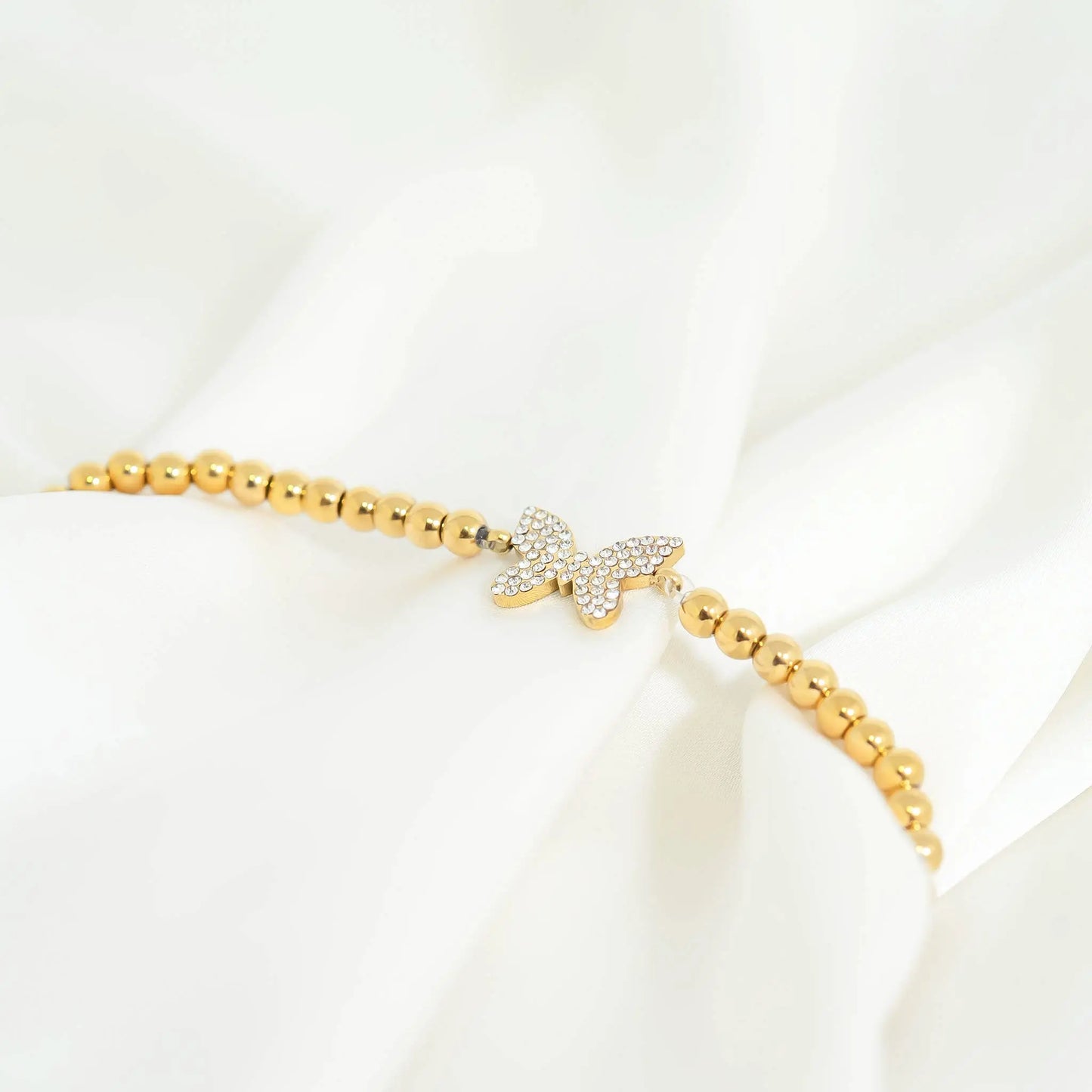 18K Gold PVD Stainless Steel Stone 'Butterfly' Metal Beaded Stretch Bracelet WJW