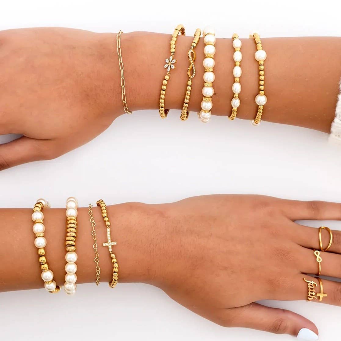 18K Gold PVD CZ Cross Beaded Stretch Bracelet