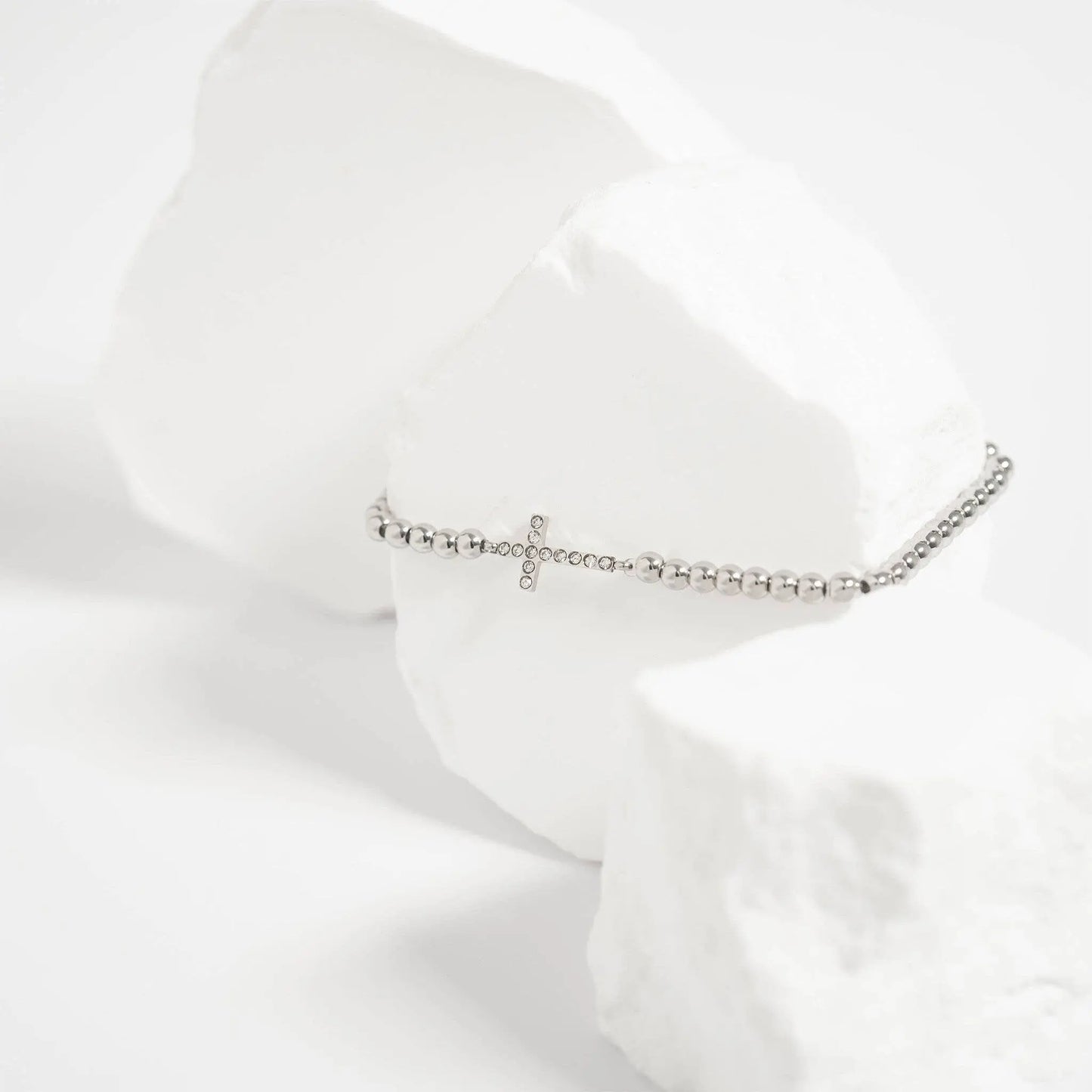 WJW - 18K Gold PVD CZ Cross Beaded Stretch Bracelet WJW