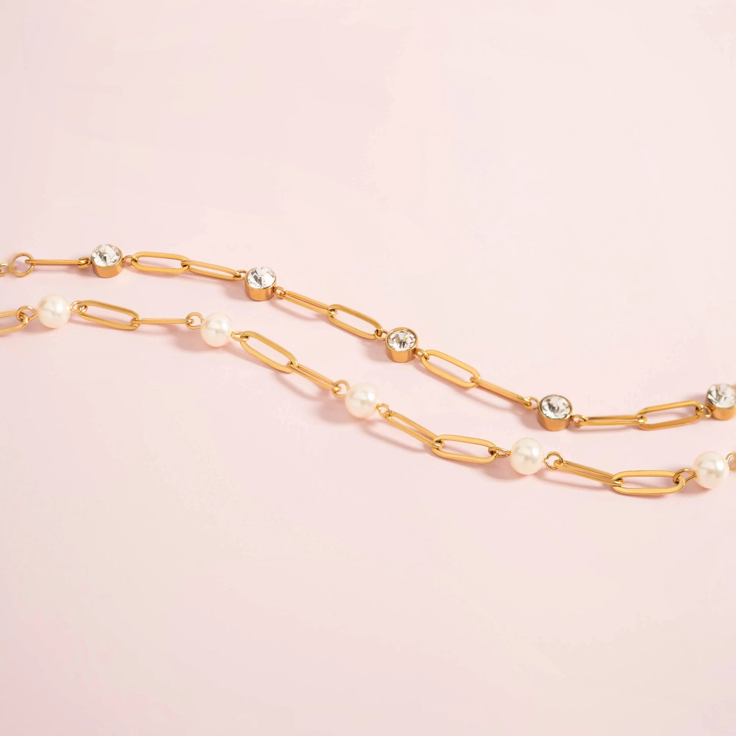18K Gold PVD Steel Station Pearl Paperclip Chain Bracelet WJW