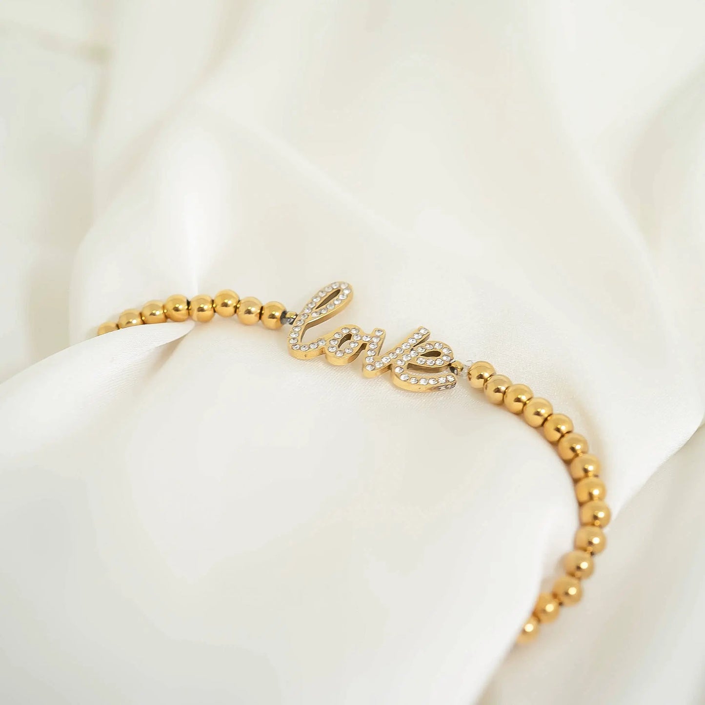 18K Gold PVD Beaded Stretch 'Love' Charm Bracelet WJW