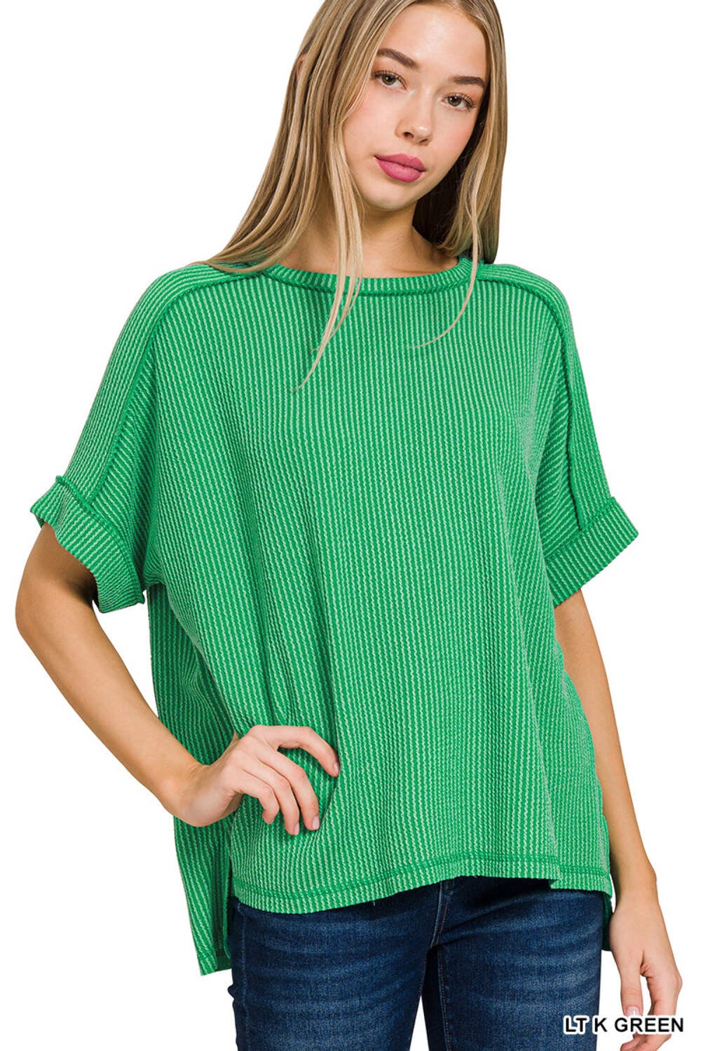 Zenana Women's Raised Rib Cuff Sleeve Raw Edge Plus Top - Green