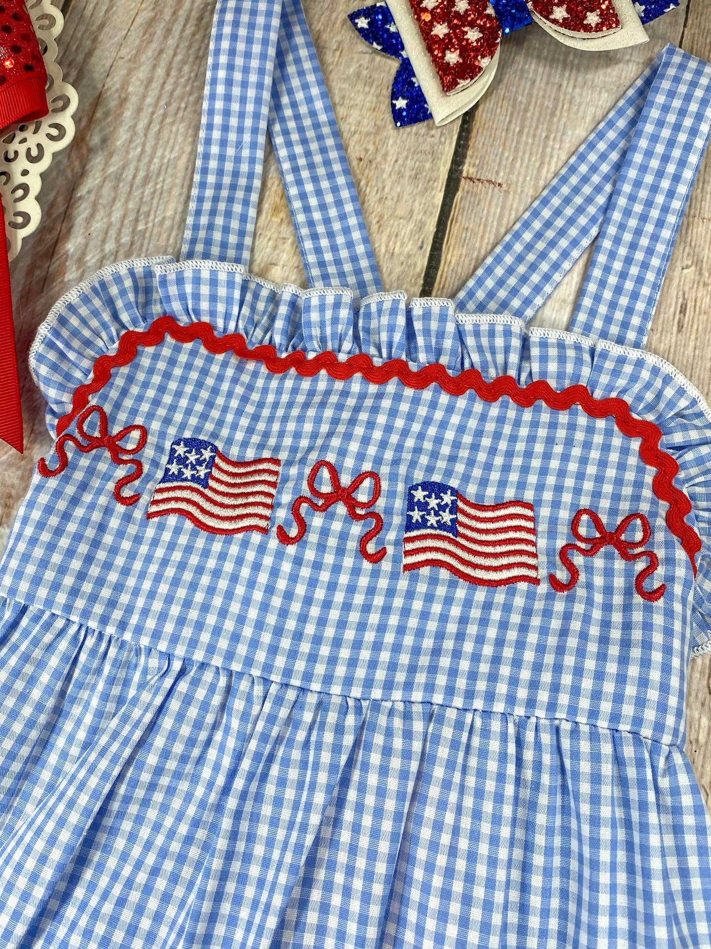 Blue Gingham American Flag Tiered Dress | Girls Patriotic Ruffle Dress - Size 6 The Hair Bow Company