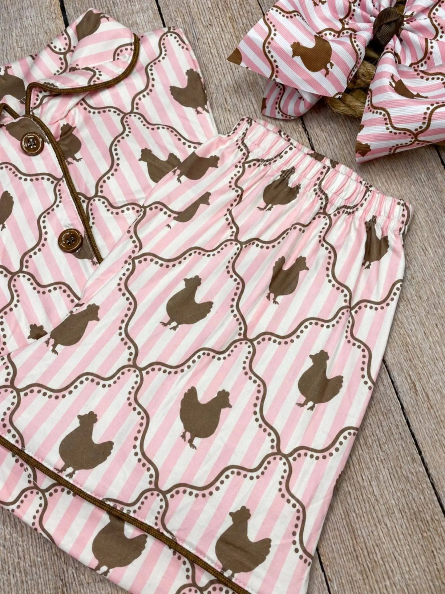 Pink Chicken Coop Pajama Set | Girls Farm Pajamas - Size 7 The Hair Bow Company