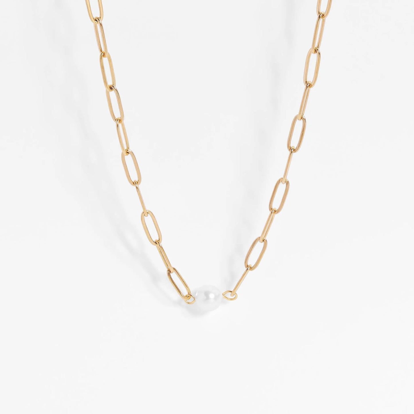 Gold Paperclip Necklace With Pearl WJW