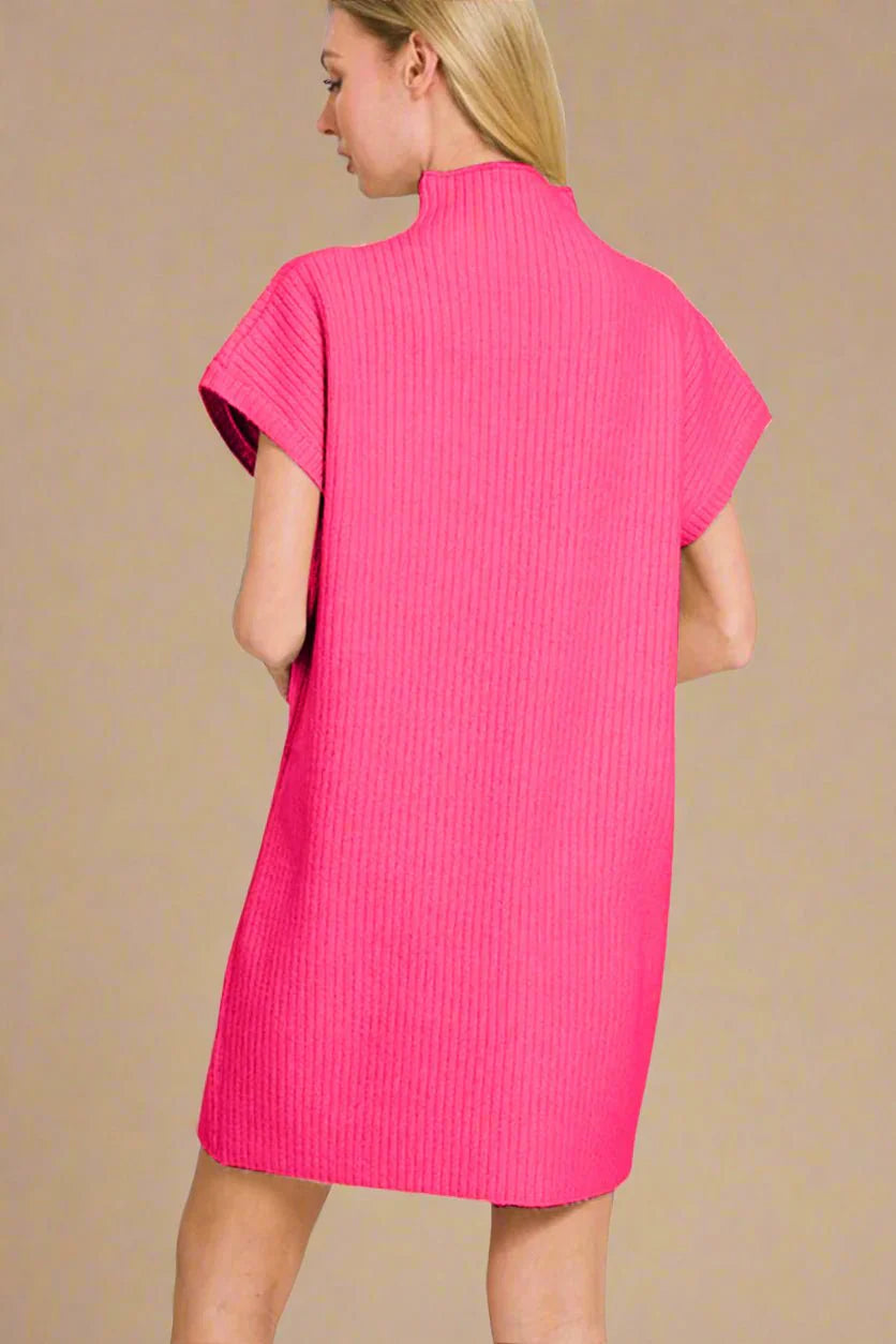Zenana Mock Neck Short Sleeve Sweater Dress w/ Pocket - Hot Pink