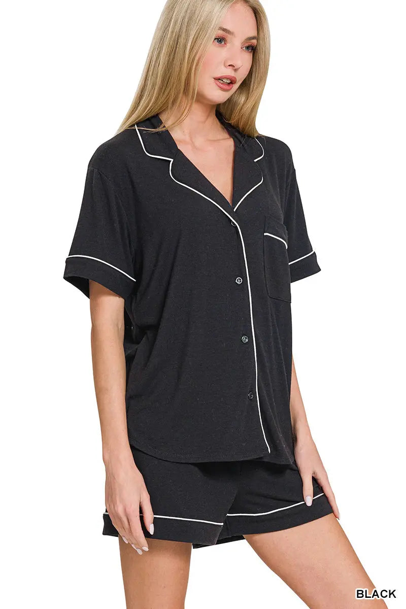 Zenana Women's Button Down Lounge Set - Black Zenana