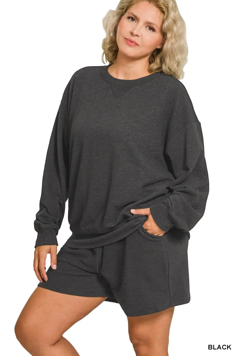 Zenana Women's Plus Slub Pullover & Shorts 2pcs Set - Black Zenana