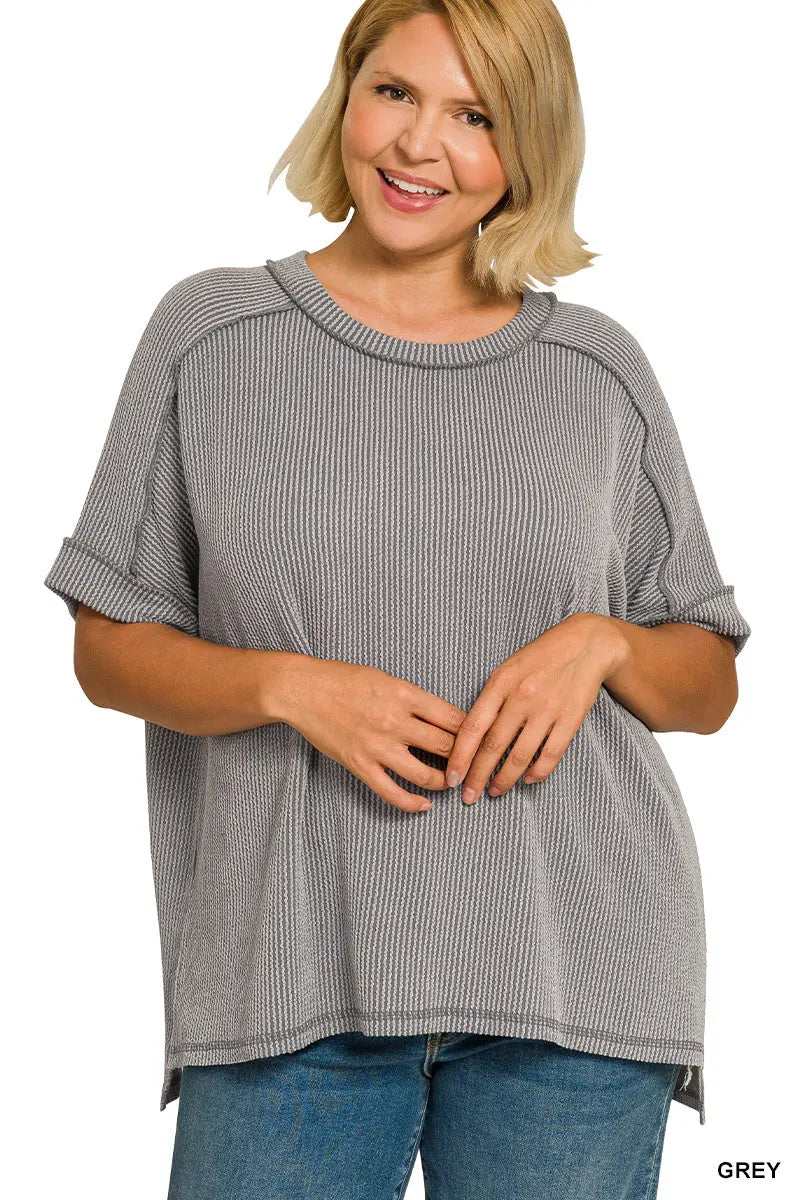 Zenana Women's Raised Rib Cuff Sleeve Raw Edge Plus Top - Gray Zenana