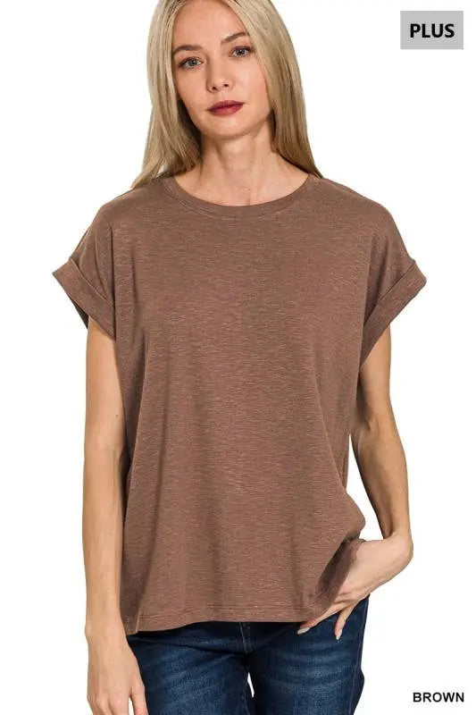 Zenana Women's Plus Cotton Modal Rolled Sleeve Tee - Brown Zenana