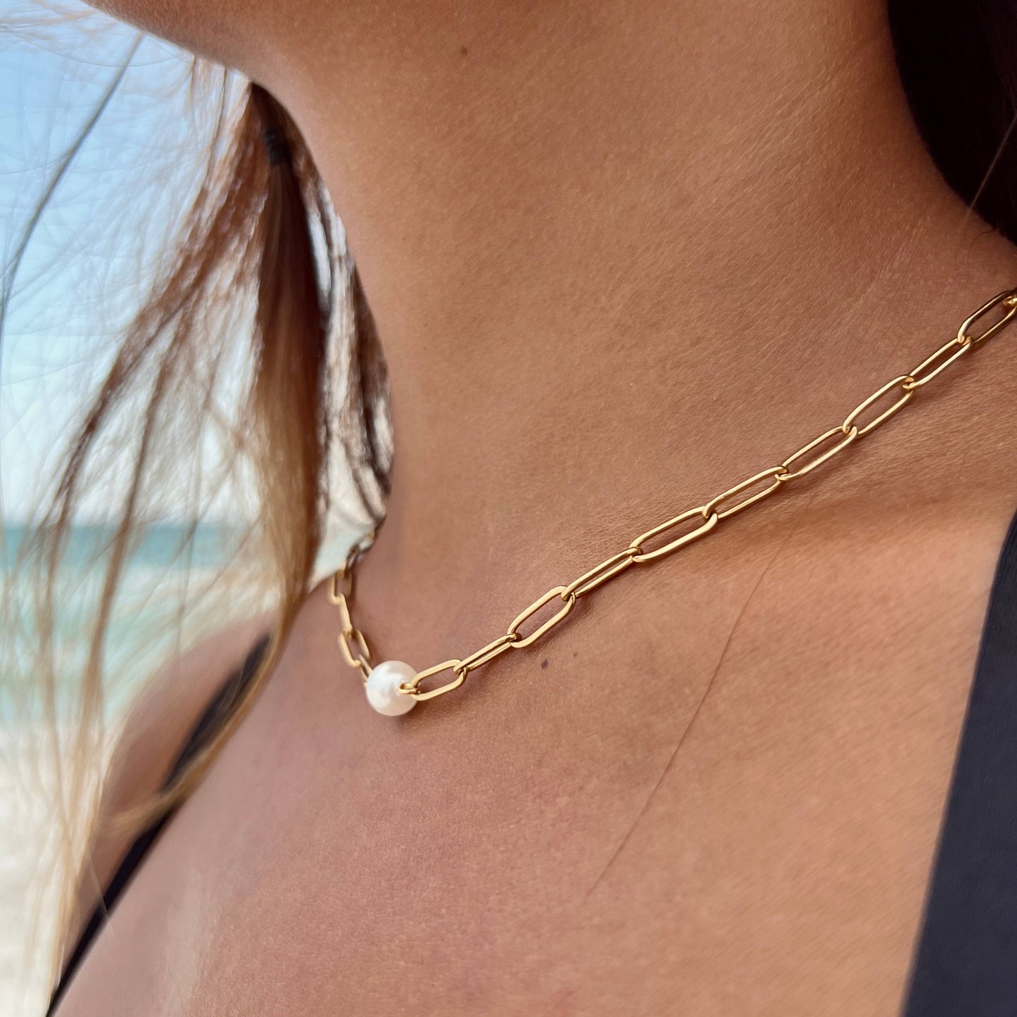 Gold Paperclip Necklace With Pearl