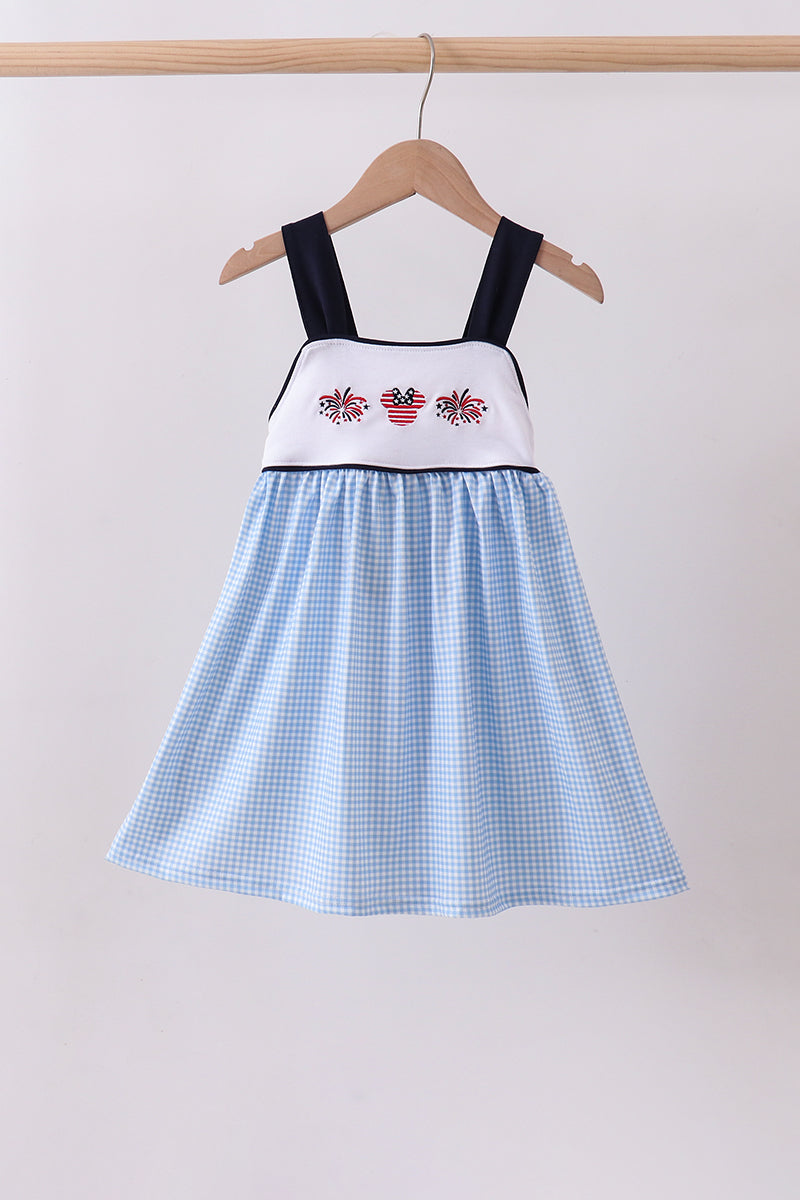 Abby & Evie Blue Character Fireworks Embroidery Gingham Girls Dress - 7