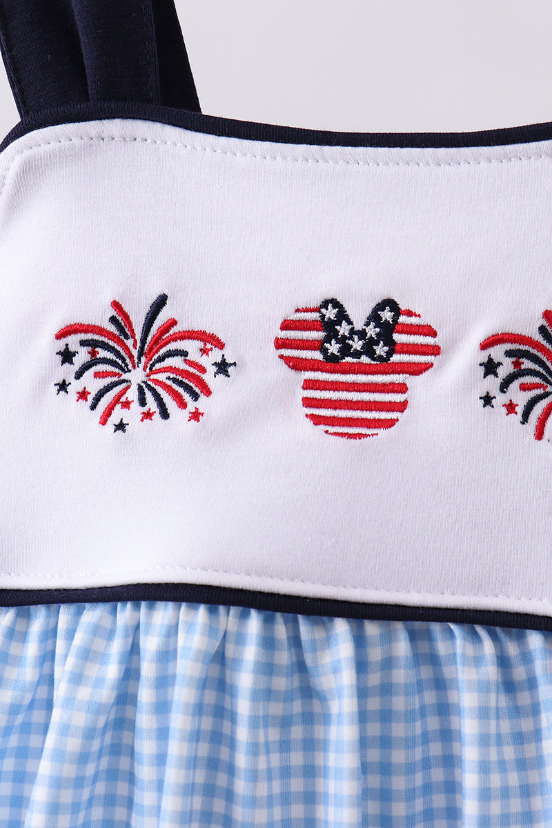 Abby & Evie Blue Character Fireworks Embroidery Gingham Girls Dress - 7