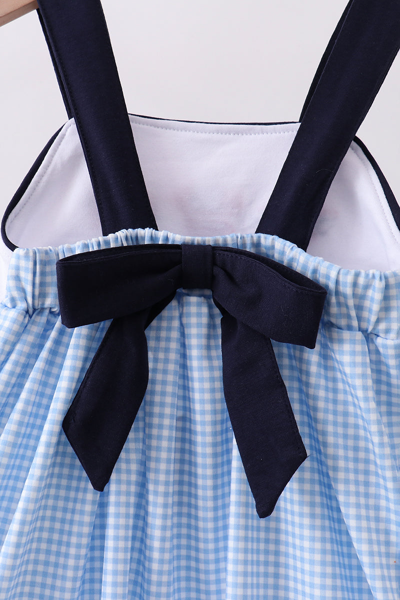 Abby & Evie Blue Character Fireworks Embroidery Gingham Girls Dress - 7