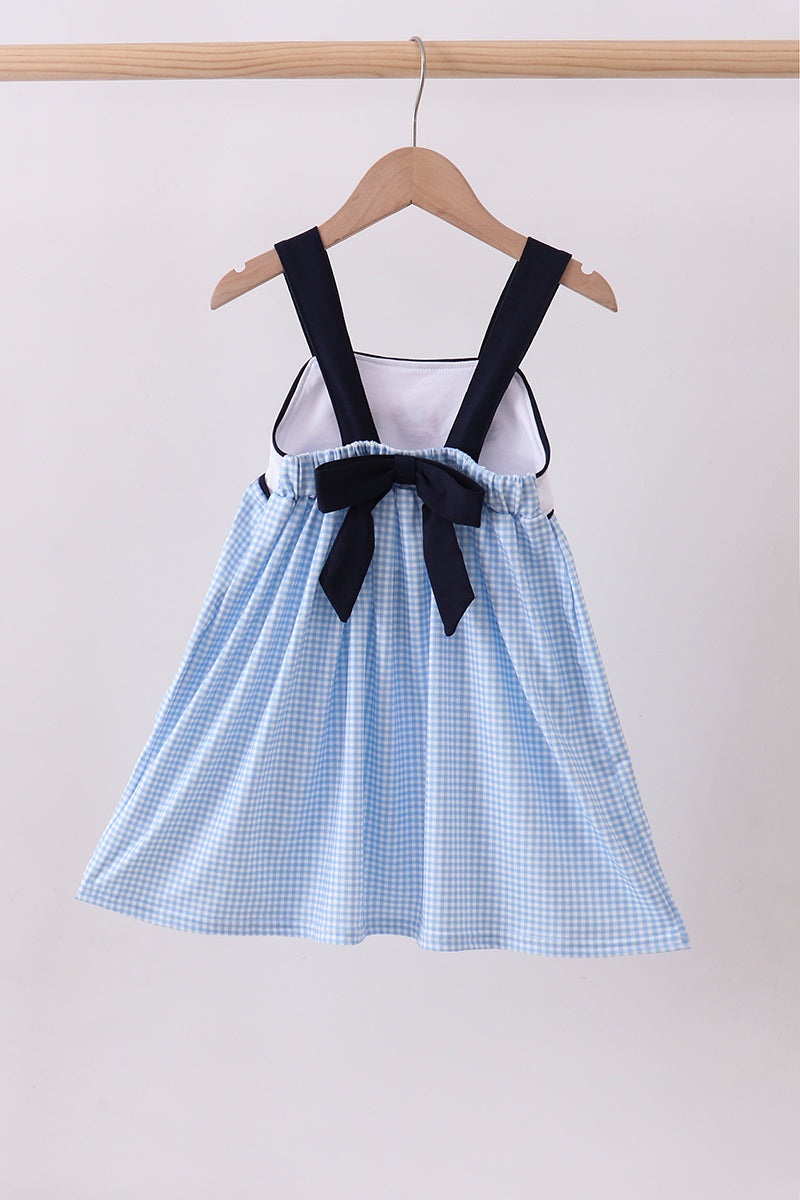 Abby & Evie Blue Character Fireworks Embroidery Gingham Girls Dress - 7