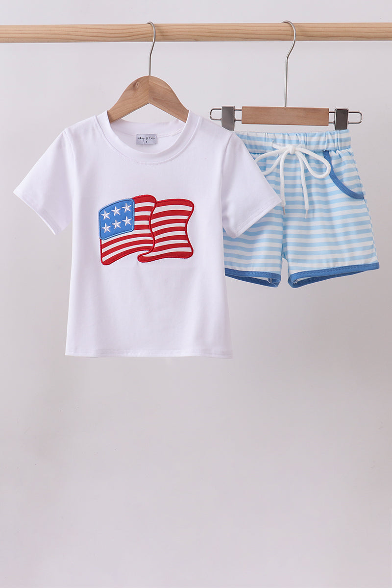 Abby & Evie Blue Flag Embroidery Boys Shorts Set - 4