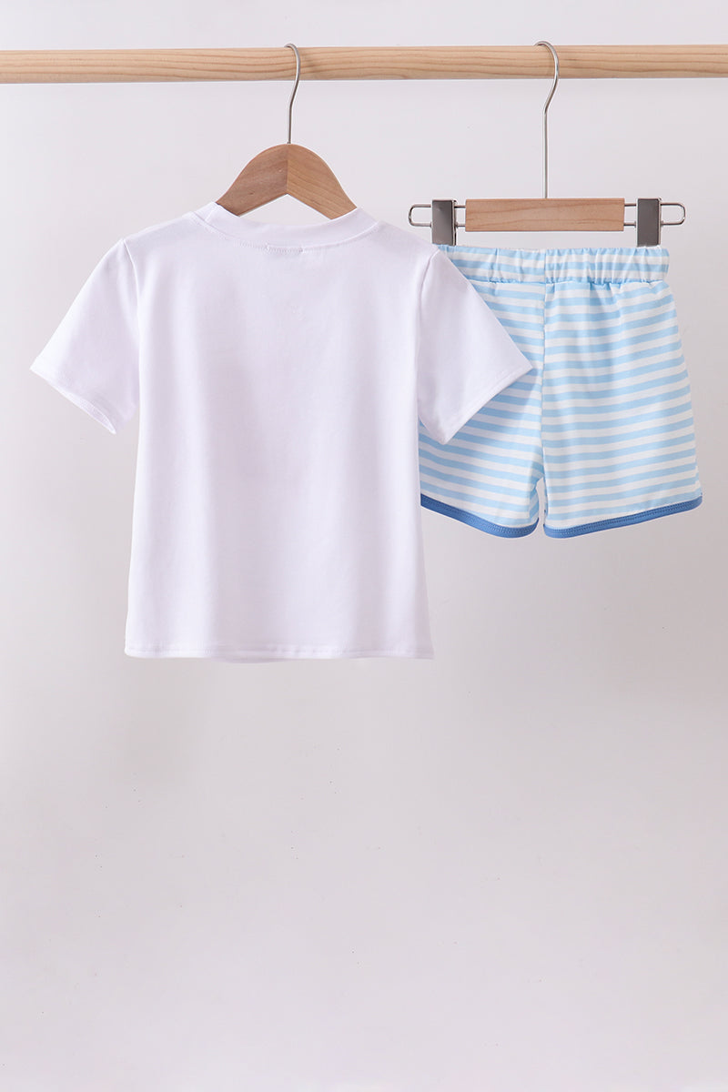 Abby & Evie Blue Flag Embroidery Boys Shorts Set - 4