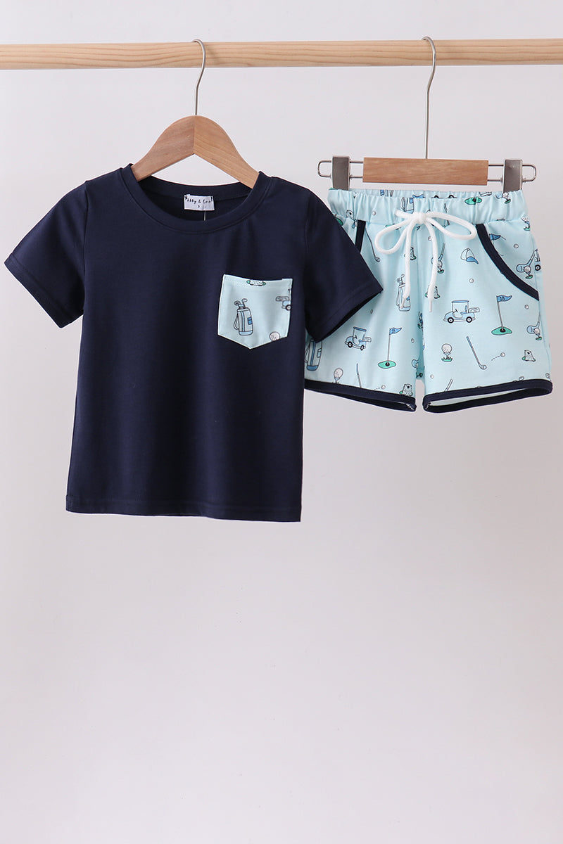 Abby & Evie Navy Golf Print Boys Shorts Set - 4