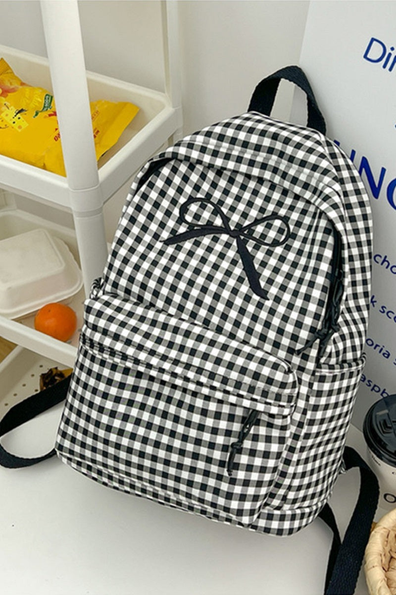Coquette Bow Embroidered Checkered Backpack