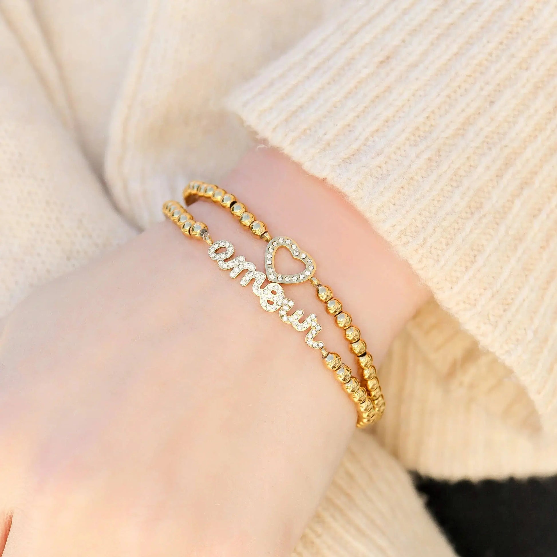 18K Gold PVD Stainless Steel Stone 'Amour' Metal Beaded Stretch Bracelet WJW