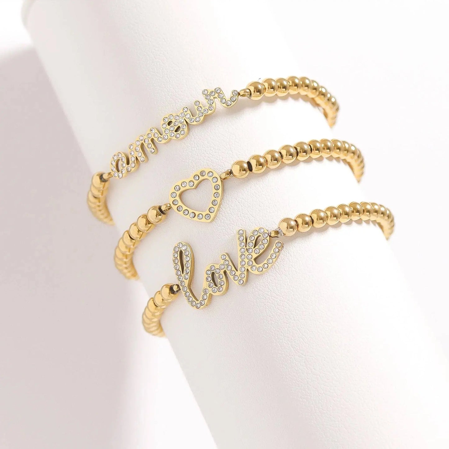18K Gold PVD Stainless Steel Stone 'Amour' Metal Beaded Stretch Bracelet WJW