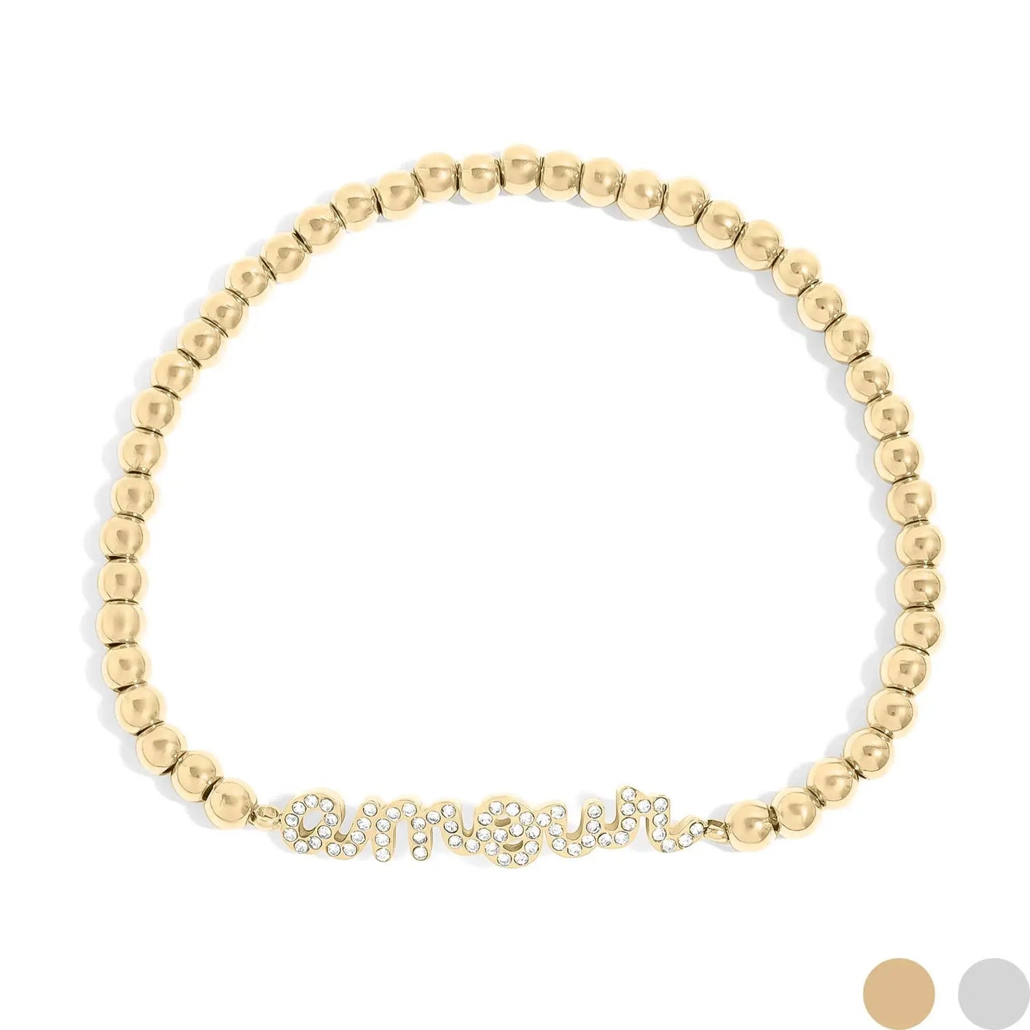18K Gold PVD Stainless Steel Stone 'Amour' Metal Beaded Stretch Bracelet WJW
