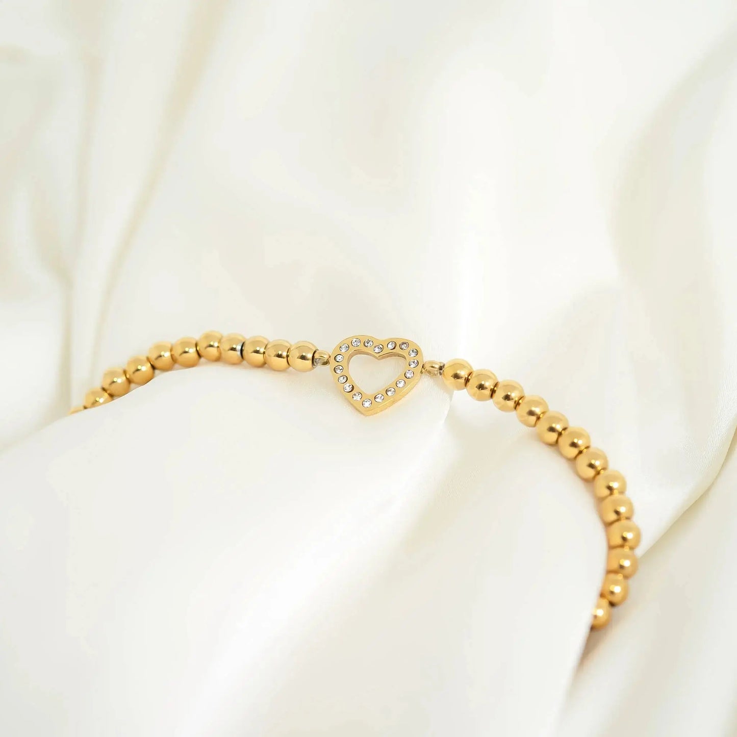 18K Gold PVD Stainless Steel Stone 'Heart' Metal Beaded Stretch Bracelet WJW