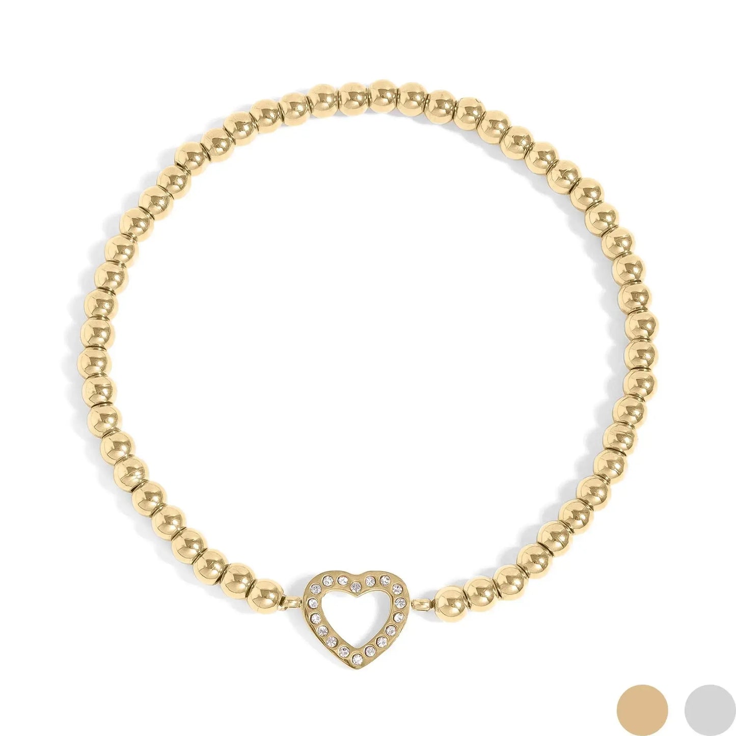 18K Gold PVD Stainless Steel Stone 'Heart' Metal Beaded Stretch Bracelet WJW