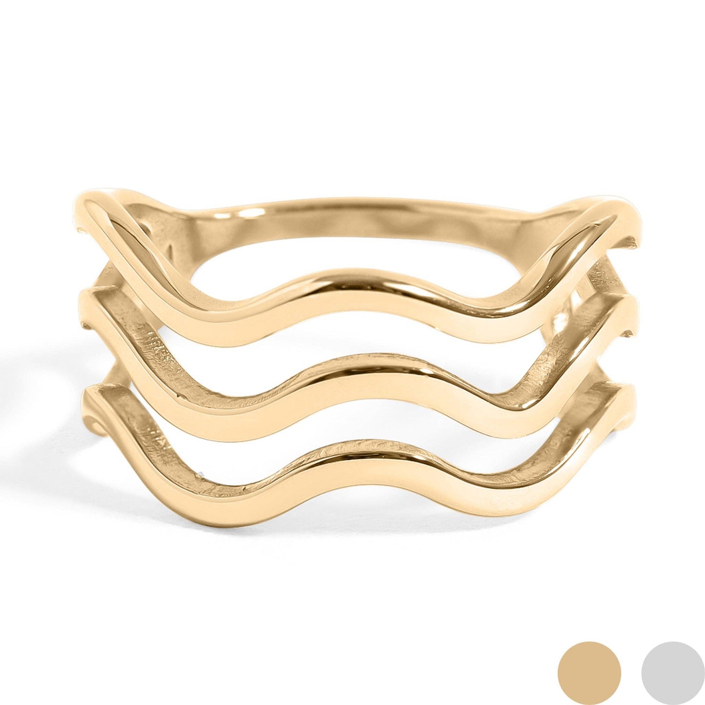 18K Gold PVD Stainless Steel Triple Wave Geometric Ring - Size 9