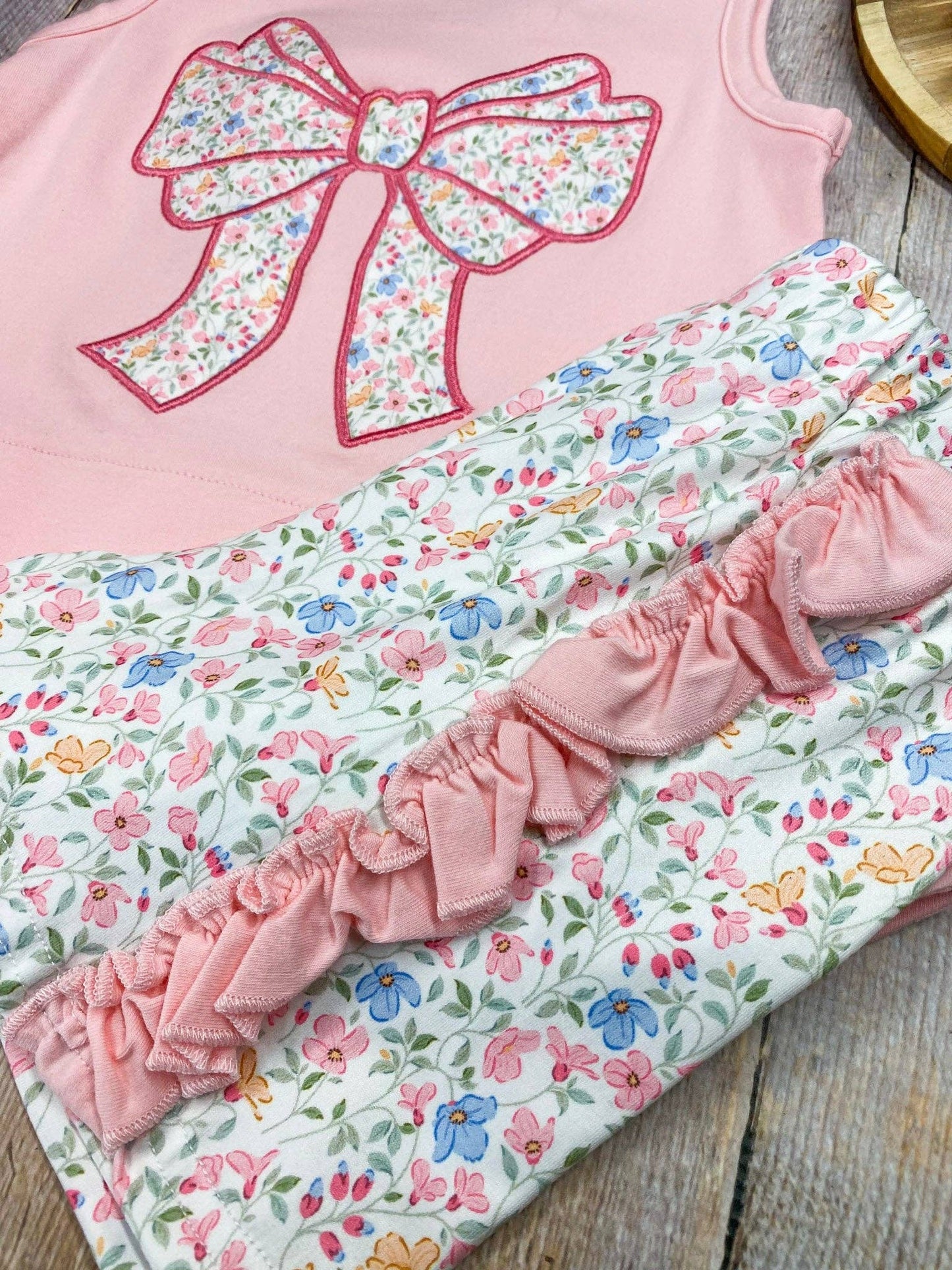 The Hair Bow Company - Pink Floral Bow Applique Shorts Set | Girls Ruffle Summer Outfit - Size 7