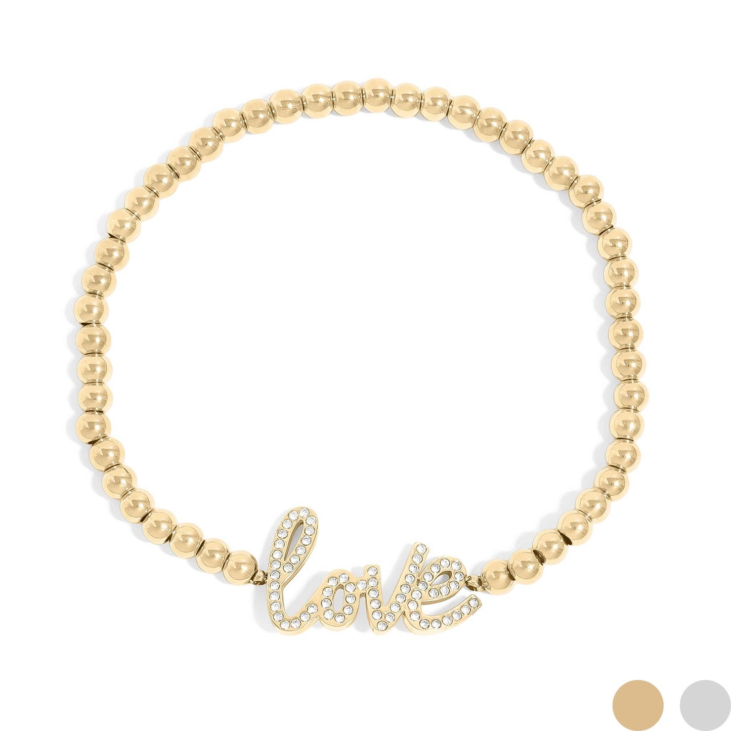 18K Gold PVD Beaded Stretch 'Love' Charm Bracelet