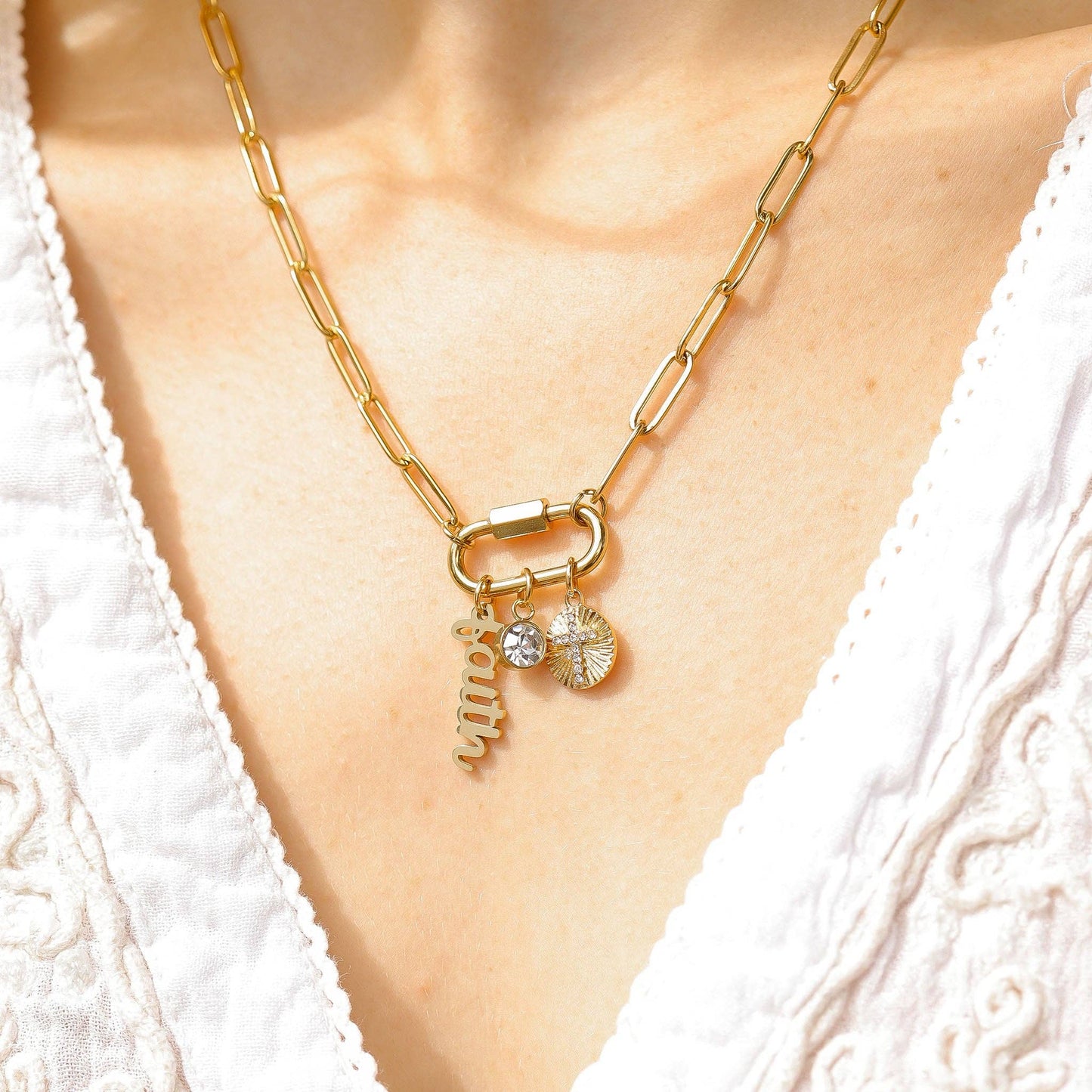 18K PVD Gold Carabiner "Faith" Paperclip Charm Necklace