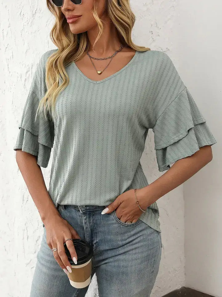 V-Neck Ruffle Sleeve Top