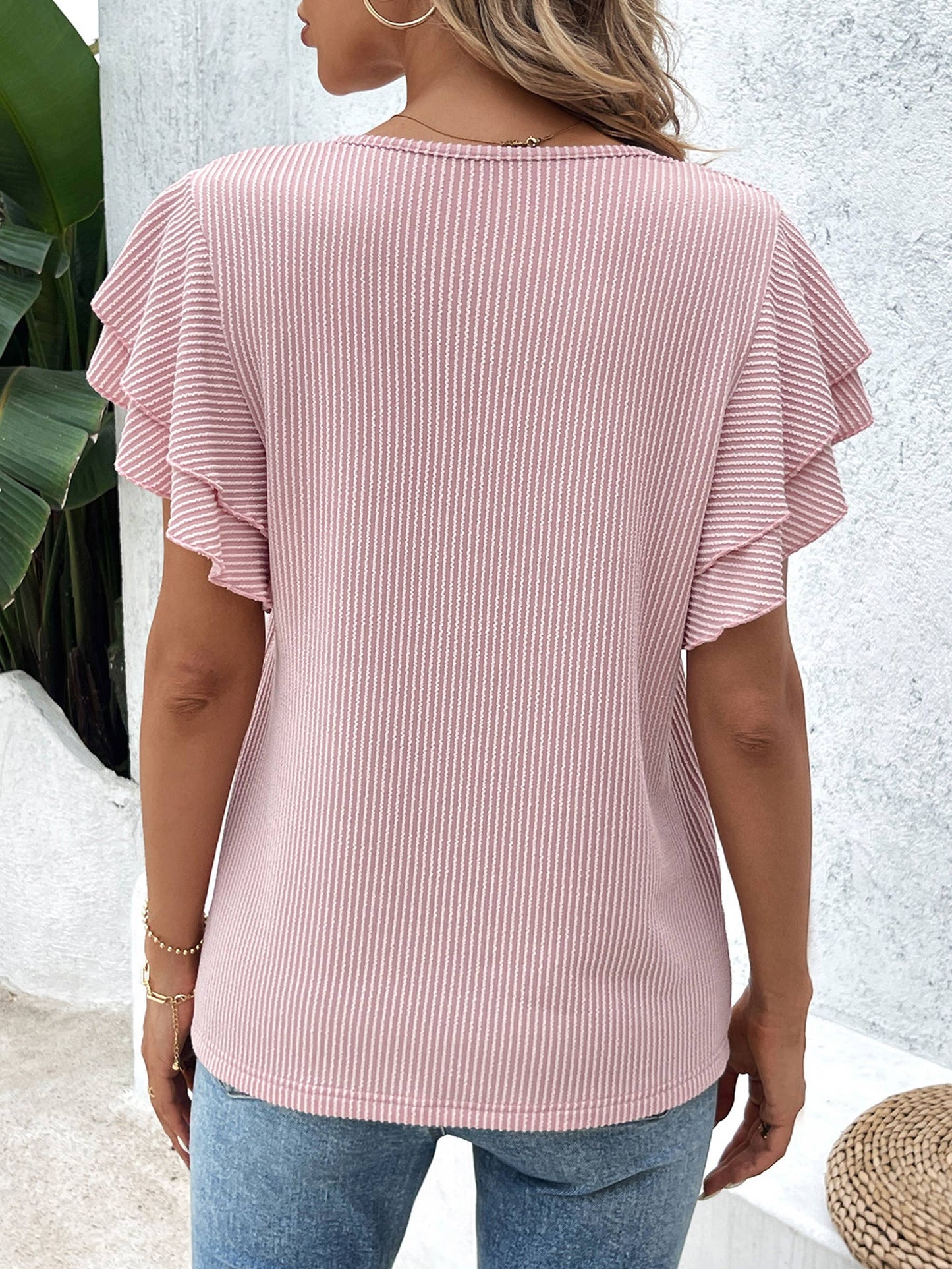 Wholesalesir - Casual Ruffled Sleeve Rround Neck T-shirt