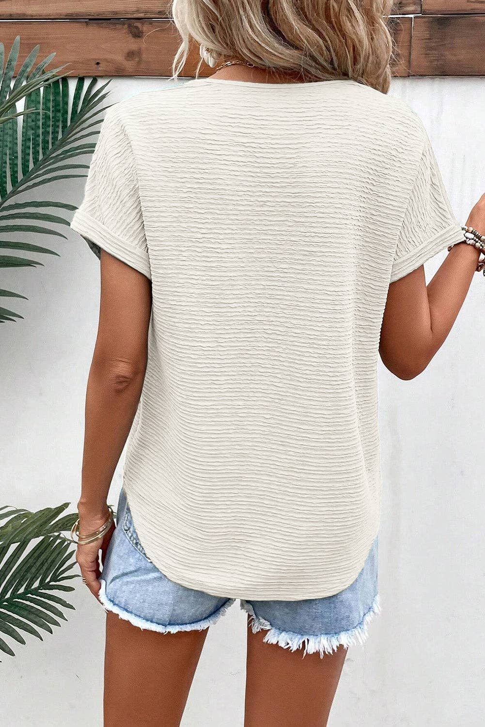 Lovesoft  Pale Khaki Textured Wide Sleeve V Neck T Shirt
