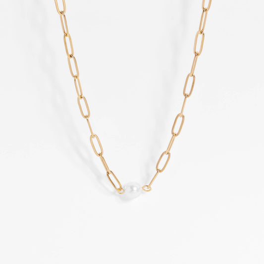 Gold Paperclip Necklace With Pearl