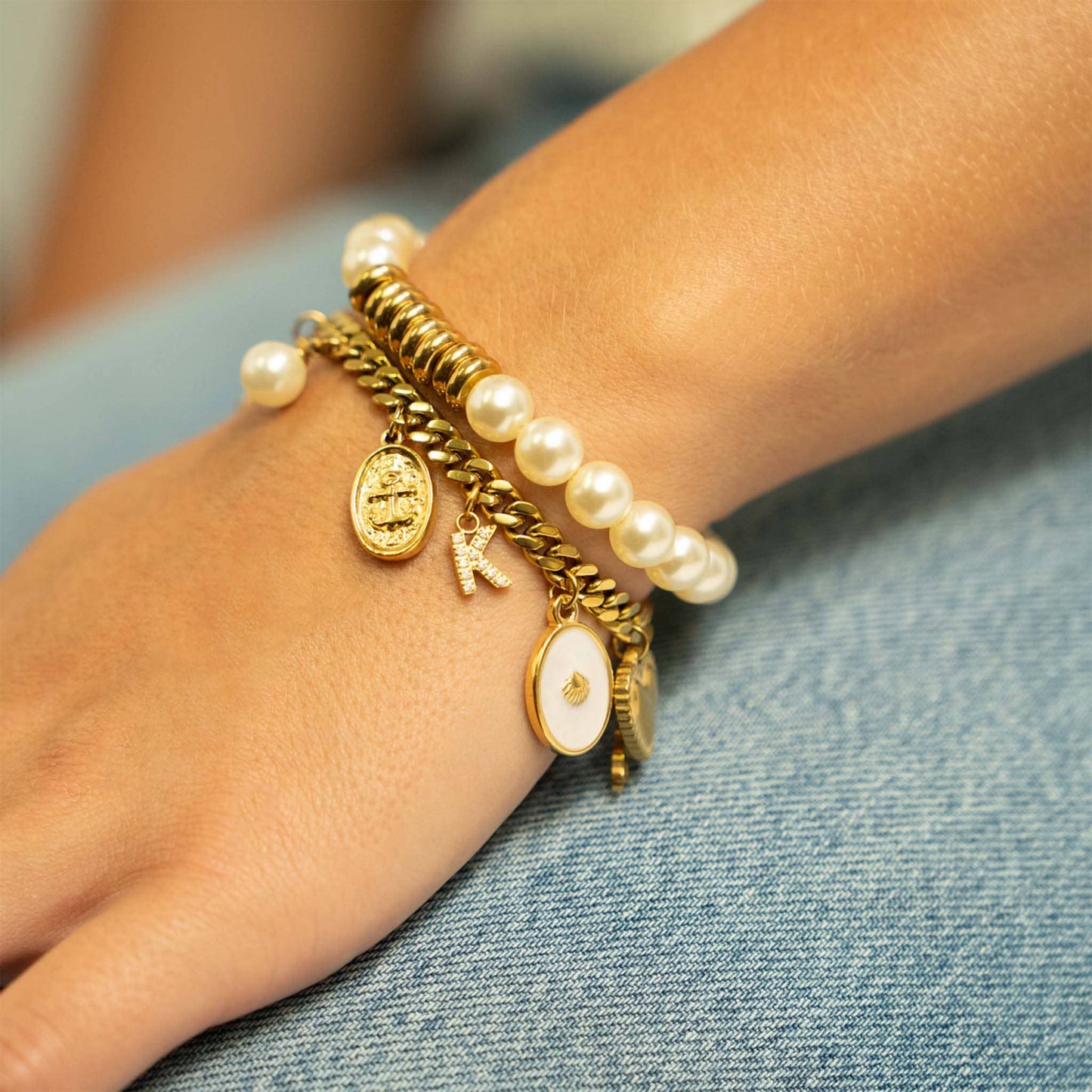 18K Gold PVD 8mm Kiska Glass Pearl Stretch Bracelet