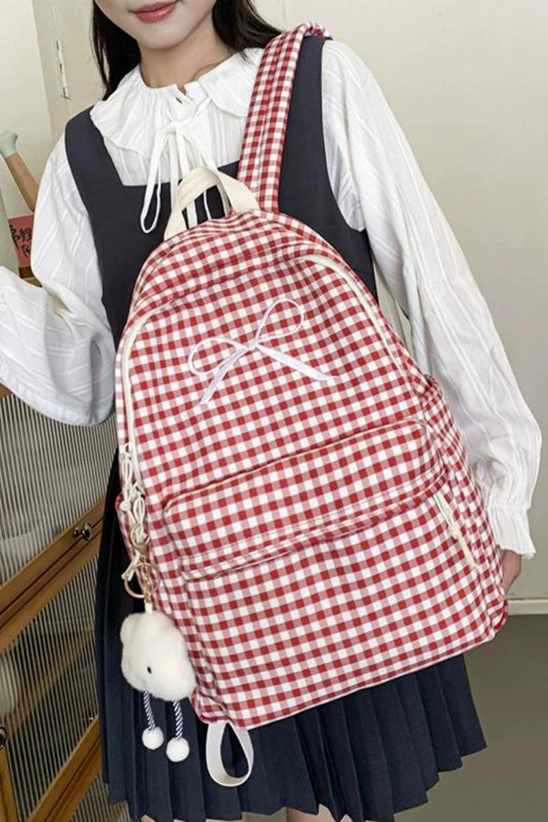 Coquette Bow Embroidered Checkered Backpack