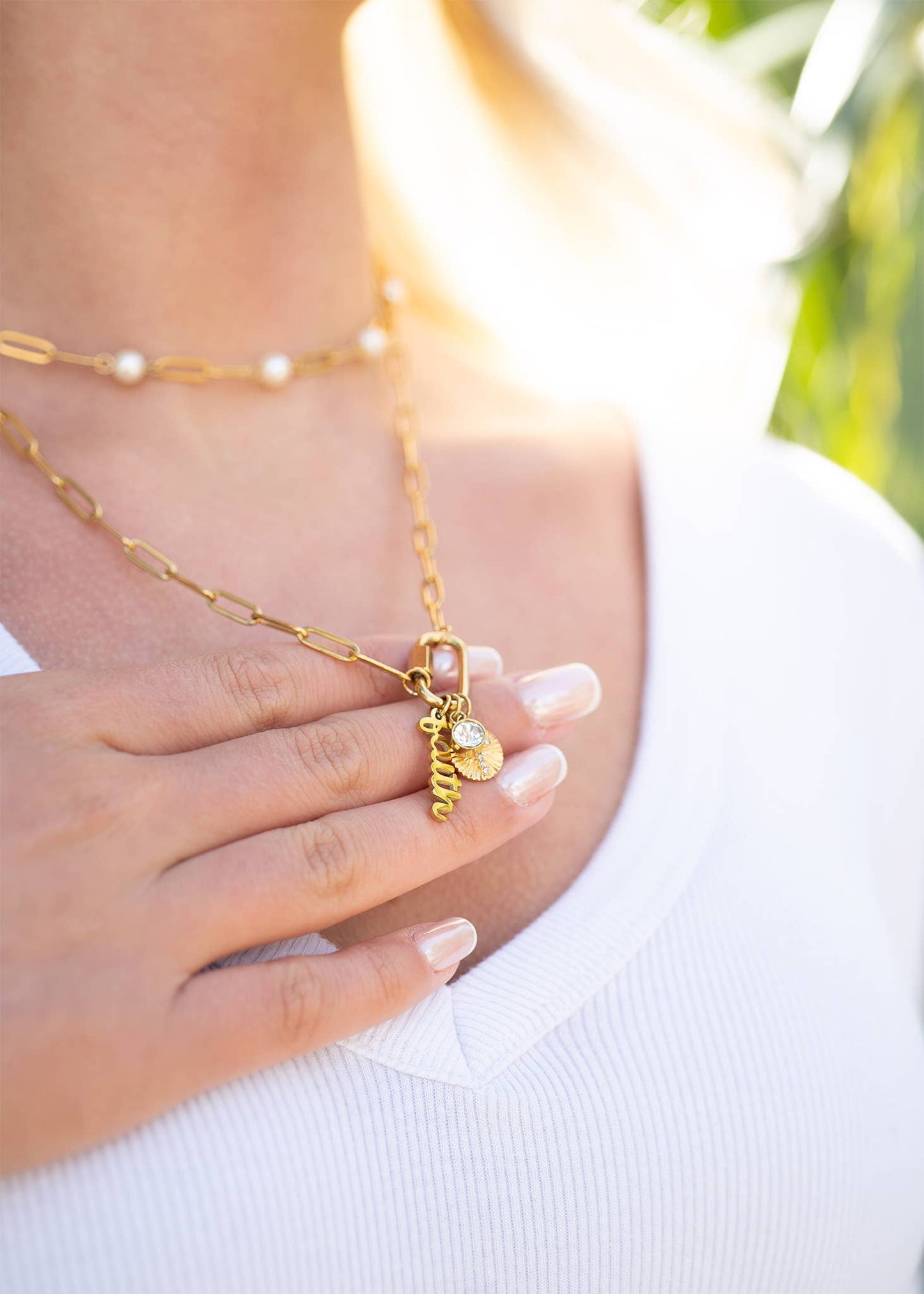 18K PVD Gold Carabiner "Faith" Paperclip Charm Necklace