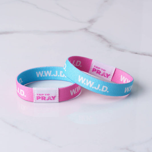 Tap To Pray Wristbands - Blue & Pink WWJD - Small