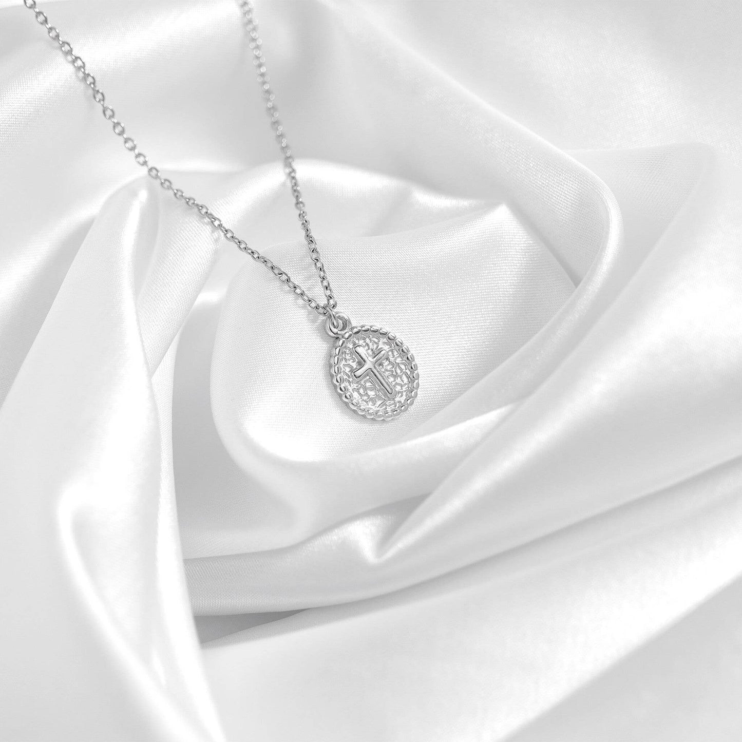 18K Gold PVD Stainless Steel Textured Medallion Cross Charm