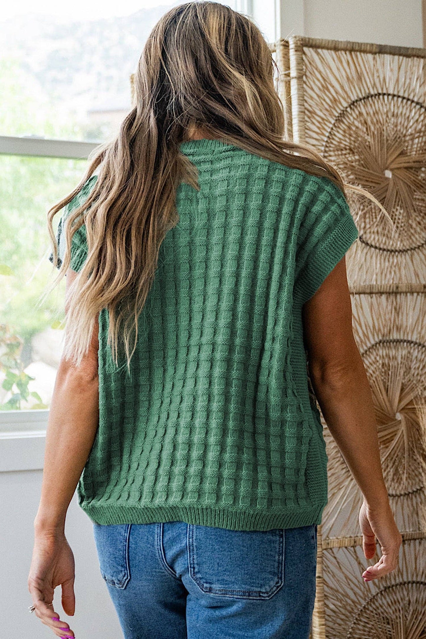 Lovesoft  Mist Green Solid Color Round Neck Textured Short Sleeve Sweater