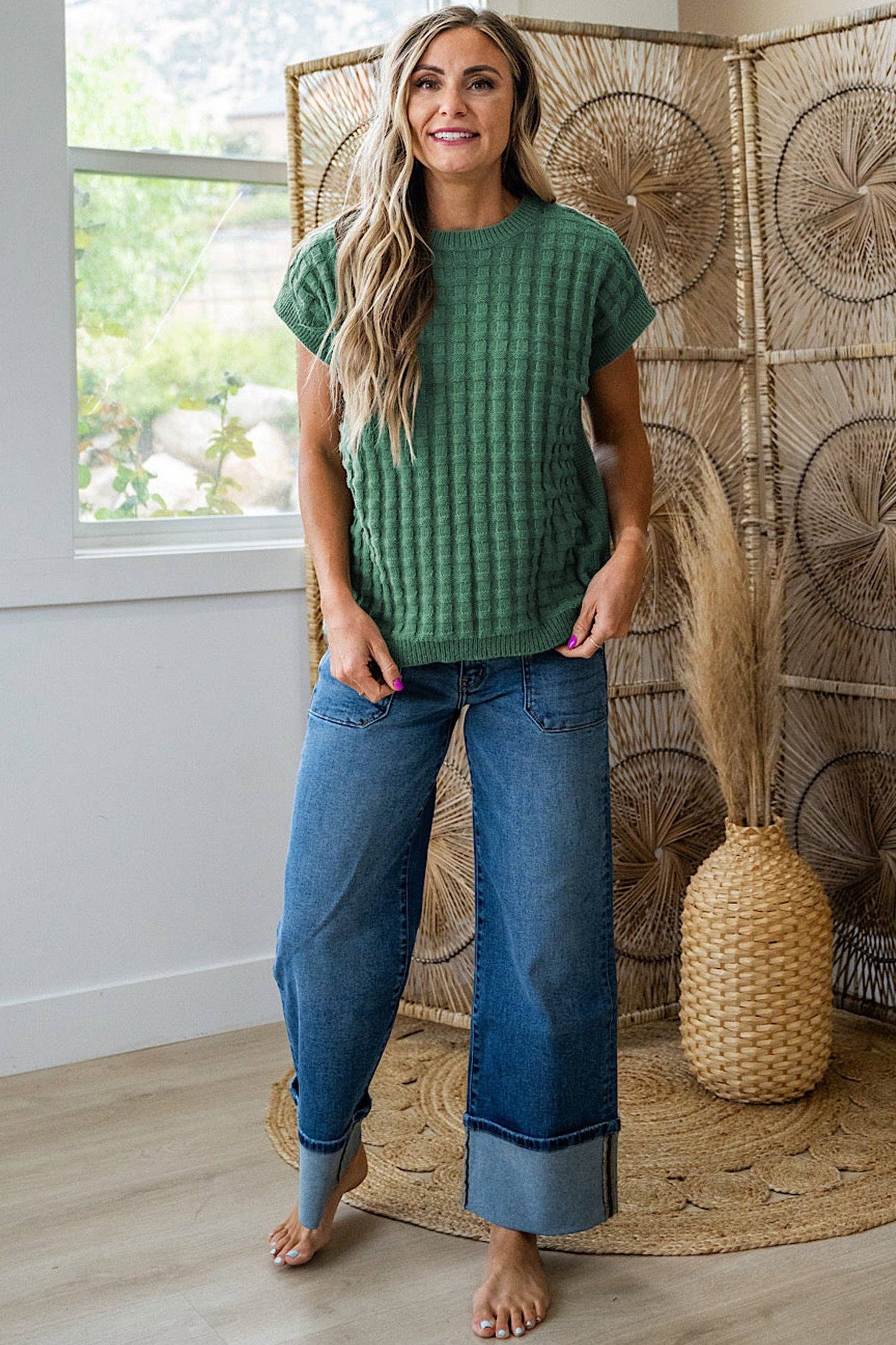Lovesoft  Mist Green Solid Color Round Neck Textured Short Sleeve Sweater