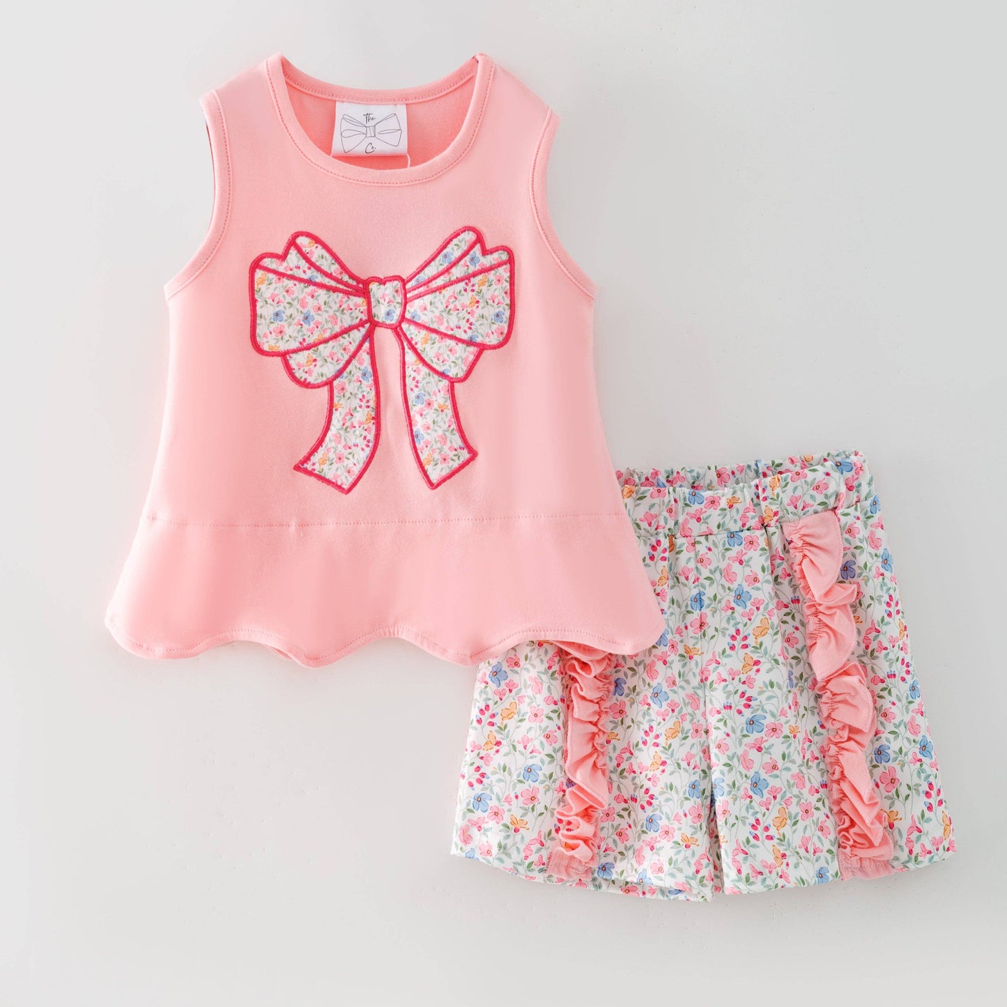 The Hair Bow Company - Pink Floral Bow Applique Shorts Set | Girls Ruffle Summer Outfit - Size 7