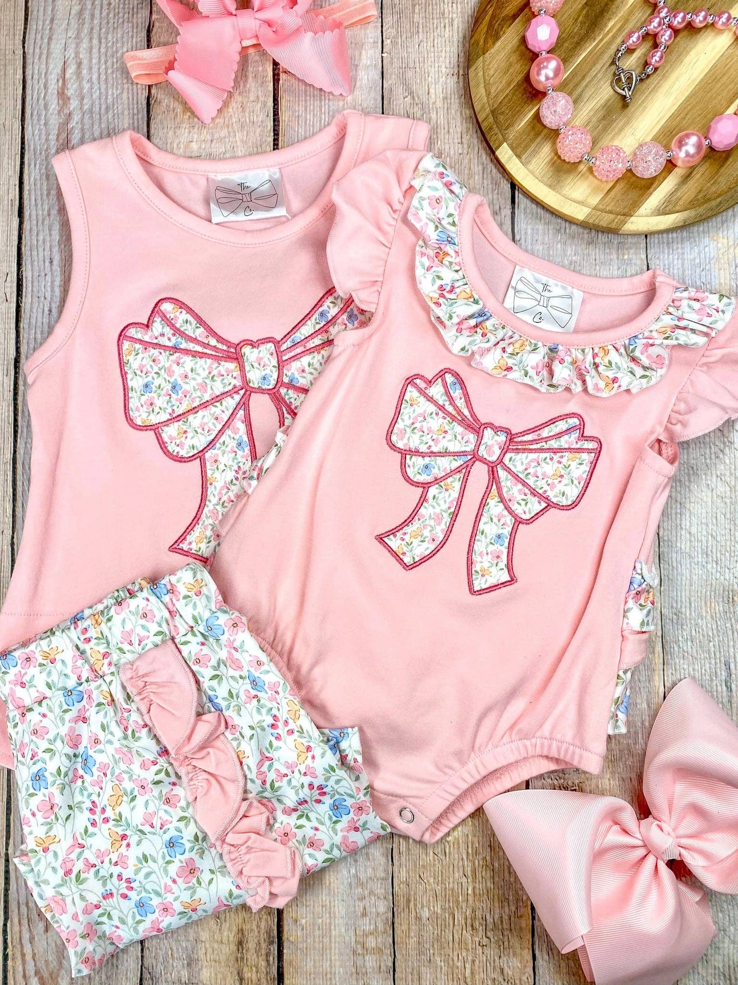 The Hair Bow Company - Pink Floral Bow Applique Shorts Set | Girls Ruffle Summer Outfit - Size 7