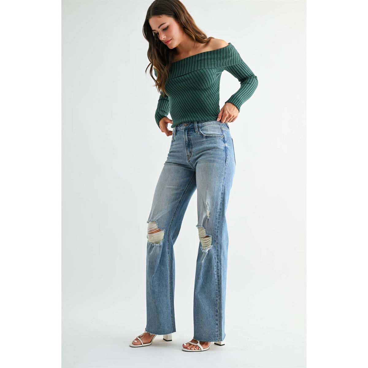 Mica Denim - HIGH-RISE WIDE LEG DISTRESSED KNEE RAW HEM