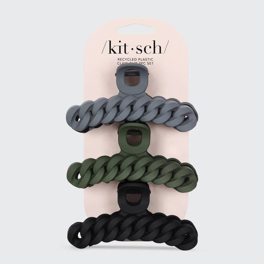 KITSCH Eco-friendly Chain Claw Clip 3pc Set - Black/Moss