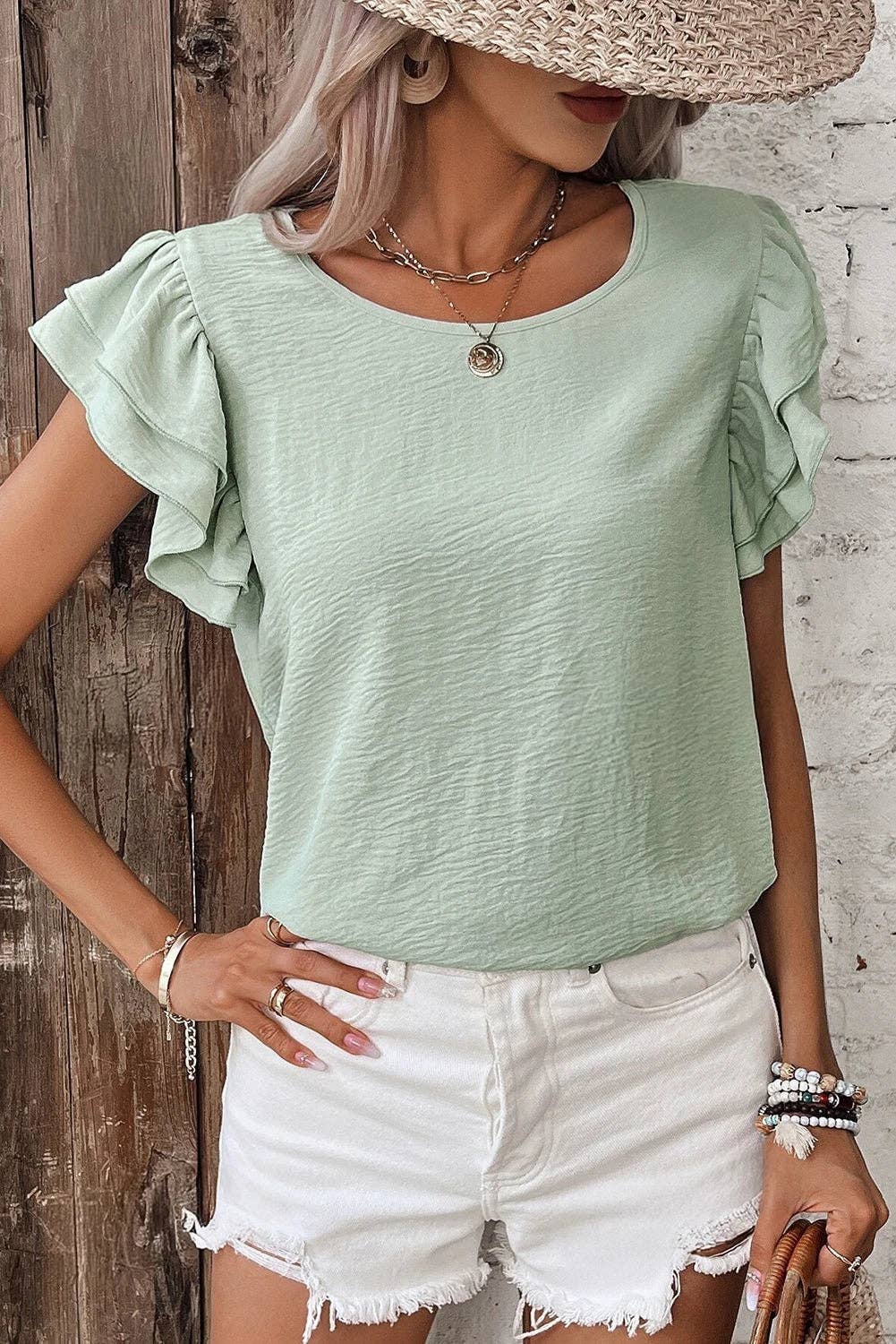 Lovesoft  Solid Color Ruffled Short Sleeve Casual Blouse