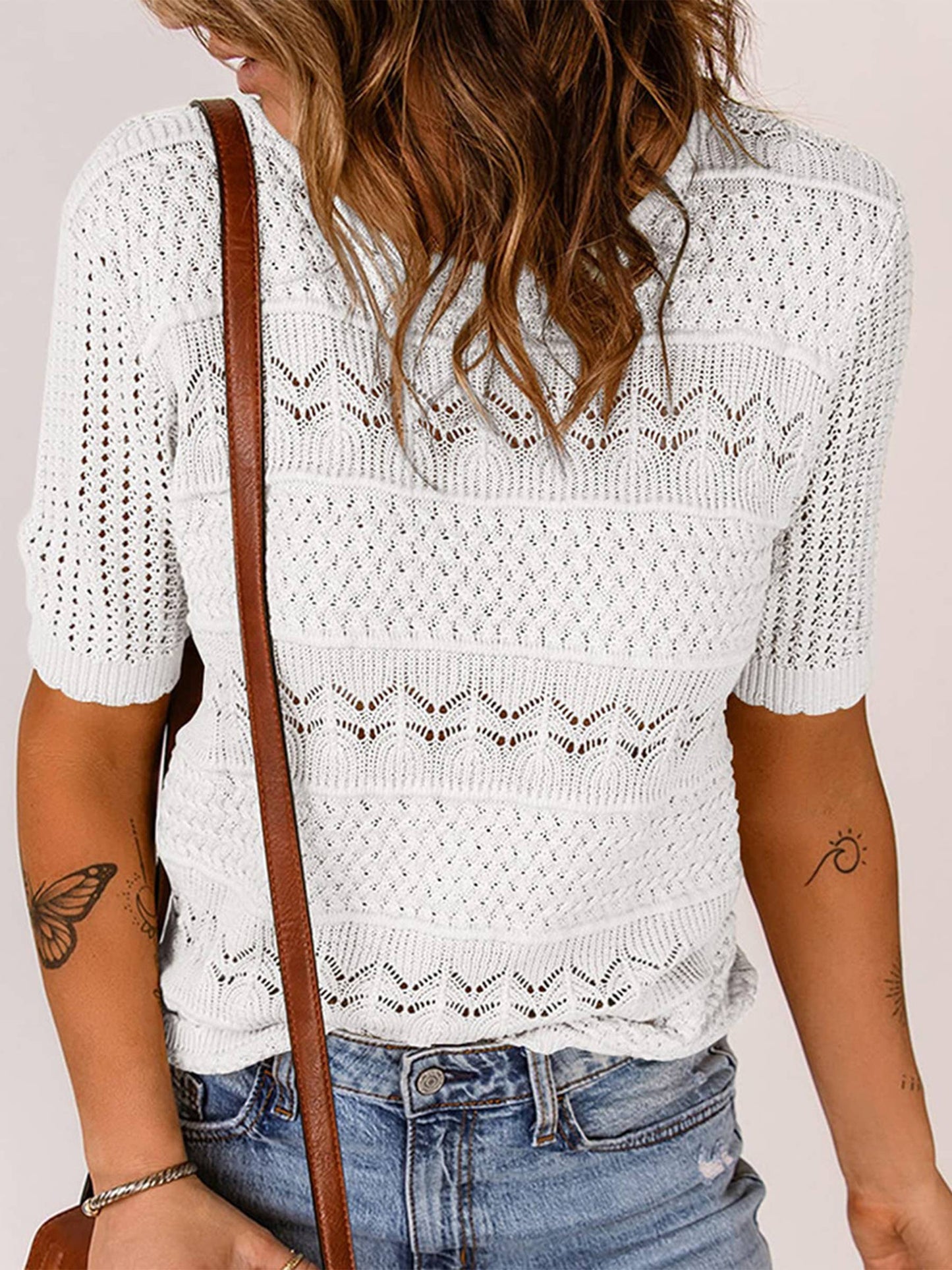 Wholesalesir - Round Neck Hollowed Out Short Sleeved Top